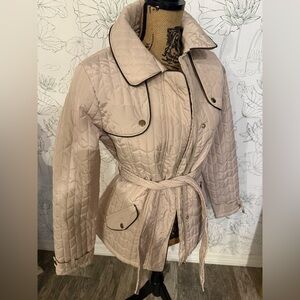 Harve Benard Quilted Trench Coat in Cream with Black Trim